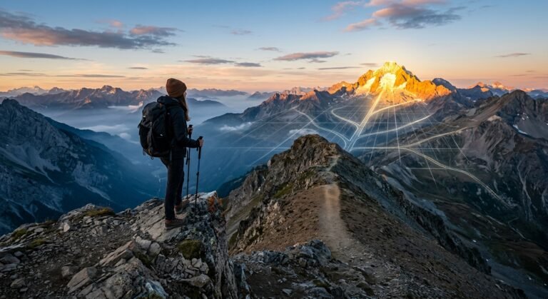 Hiker standing on a mountain ridge looking at a distant peak overlaid with glowing digital network lines