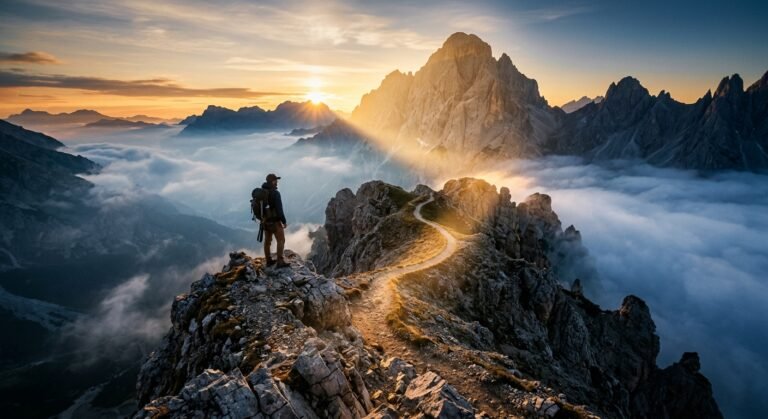 Hiker with a backpack standing on a rocky mountain ridge at sunrise above a sea of clouds
