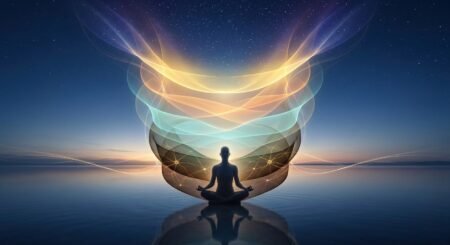 Levels of Manifestation: How to Manifest Your Dreams Silhouette of a person meditating in lotus pose on calm water beneath glowing abstract waves of light and a starry sky