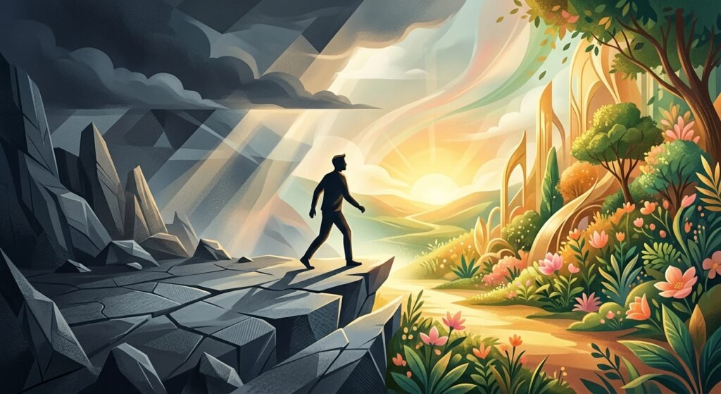 Actions to Activate Abundance: 10 Proven Mindset Shifts Silhouette of a person walking from a dark, rocky landscape toward a bright, sunlit, colorful valley with flowers